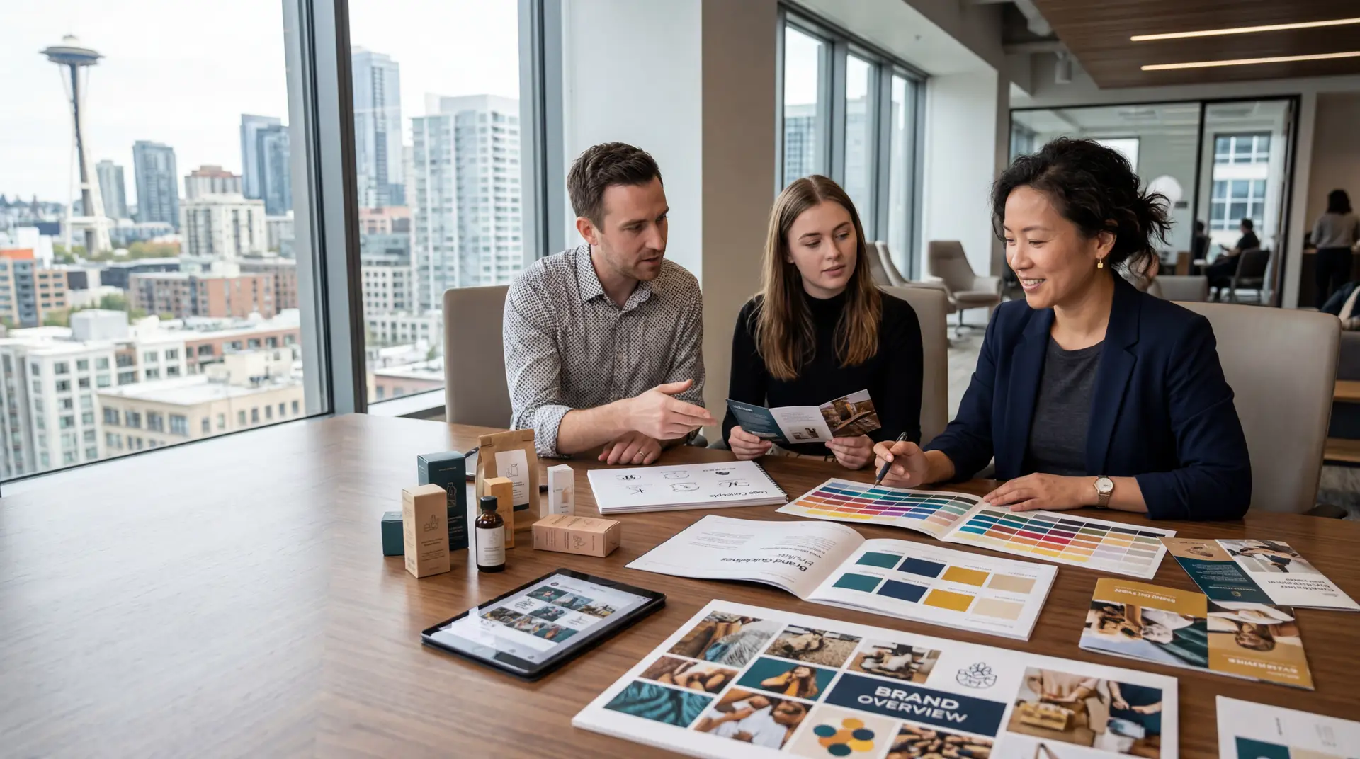 Professional commercial photography. Real small business owner reviewing branding materials at a modern conference table. Brand guidelines, logo concepts, color palettes, packaging samples, social media mockups, printed marketing materials, and presentation boards spread across the table. Owner thoughtfully comparing multiple branded assets while collaborating with a small creative team. Modern office environment. Floor-to-ceiling windows. Downtown city skyline visible in background. Modern furniture. Sophisticated workspace. Natural authentic expressions. Real people. Real skin texture. Visible skin pores. Natural hair texture. Professional wardrobe. Authentic body proportions. No coffee mugs. No laptops covering faces. No staged stock-photo poses. Canon C70. 50mm lens. 8K resolution. Professional depth of field. Commercial color grading. Premium advertising photography. Marketing agency campaign quality. Ultra realistic. Photorealistic. Landscape composition. Website blog hero image. Negative space on left side for article title. Clean modern composition. No logos. No Art Form Designs branding. No CGI. No AI appearance. No plastic skin. No beauty filters. No distorted anatomy. No extra fingers. No extra limbs. Modern premium business environment. Think Forbes, Adobe, HubSpot, and premium commercial business photography. in a office setting.