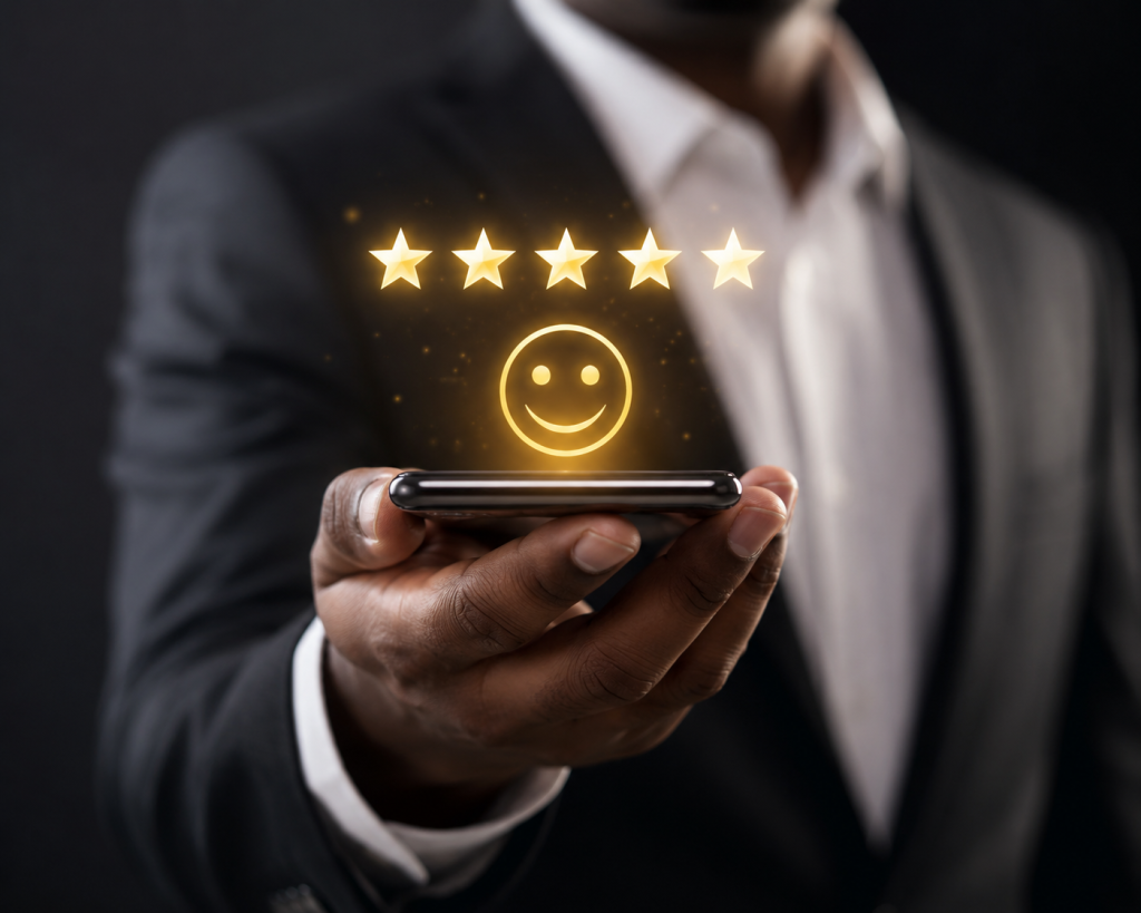 Testimonial Image: Image of a man with a phone with 5 starts over it