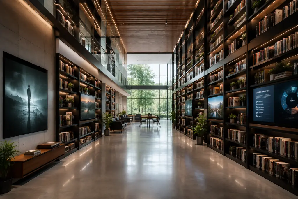 Art Form Guide Library, Image of a large modern library with books, and large screens