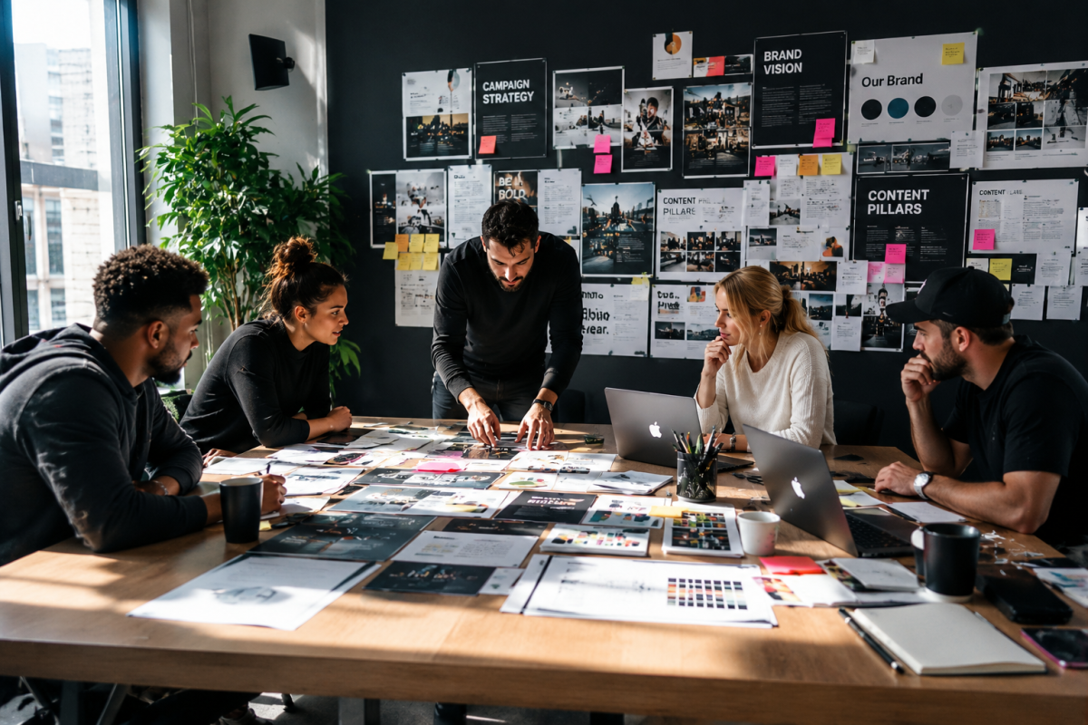 Creative team developing a marketing campaign strategy in a modern agency office surrounded by branding materials, content plans, design concepts, and creative project boards.